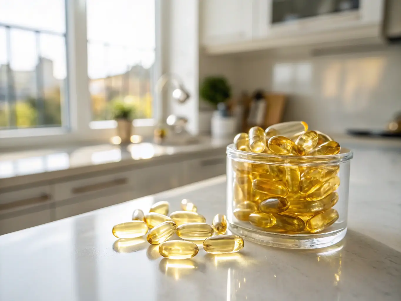 An image of a bottle of Omega-3 fish oil capsules, placed on a wooden table with a blurred background of a healthy meal. The lighting is warm and inviting, emphasizing the health benefits.