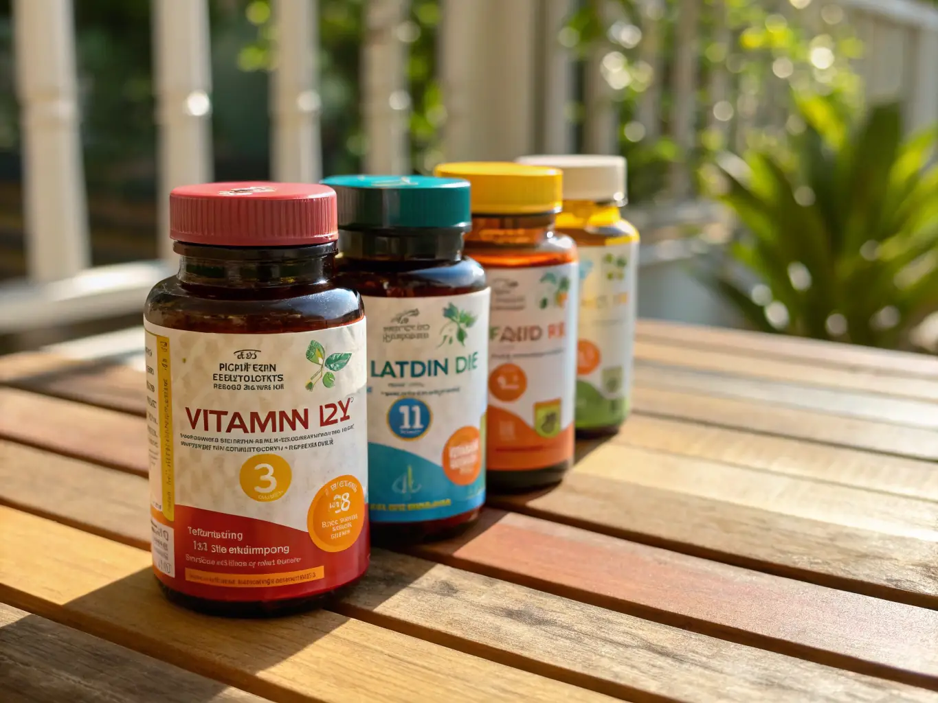 A close-up shot of a bottle of Vitamin D supplements, with soft, natural lighting highlighting the label. The background is blurred, suggesting a focus on health and wellness.
