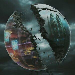 A surreal dystopian digital world tearing itself apart, a cracked globe splitting down the middle with neon circuitry and glowing AI patterns spilling out, half futuristic city collapsing into chaos, half dark corporate towers looming, people reduced to tiny silhouettes below. Dark dramatic lighting, cinematic